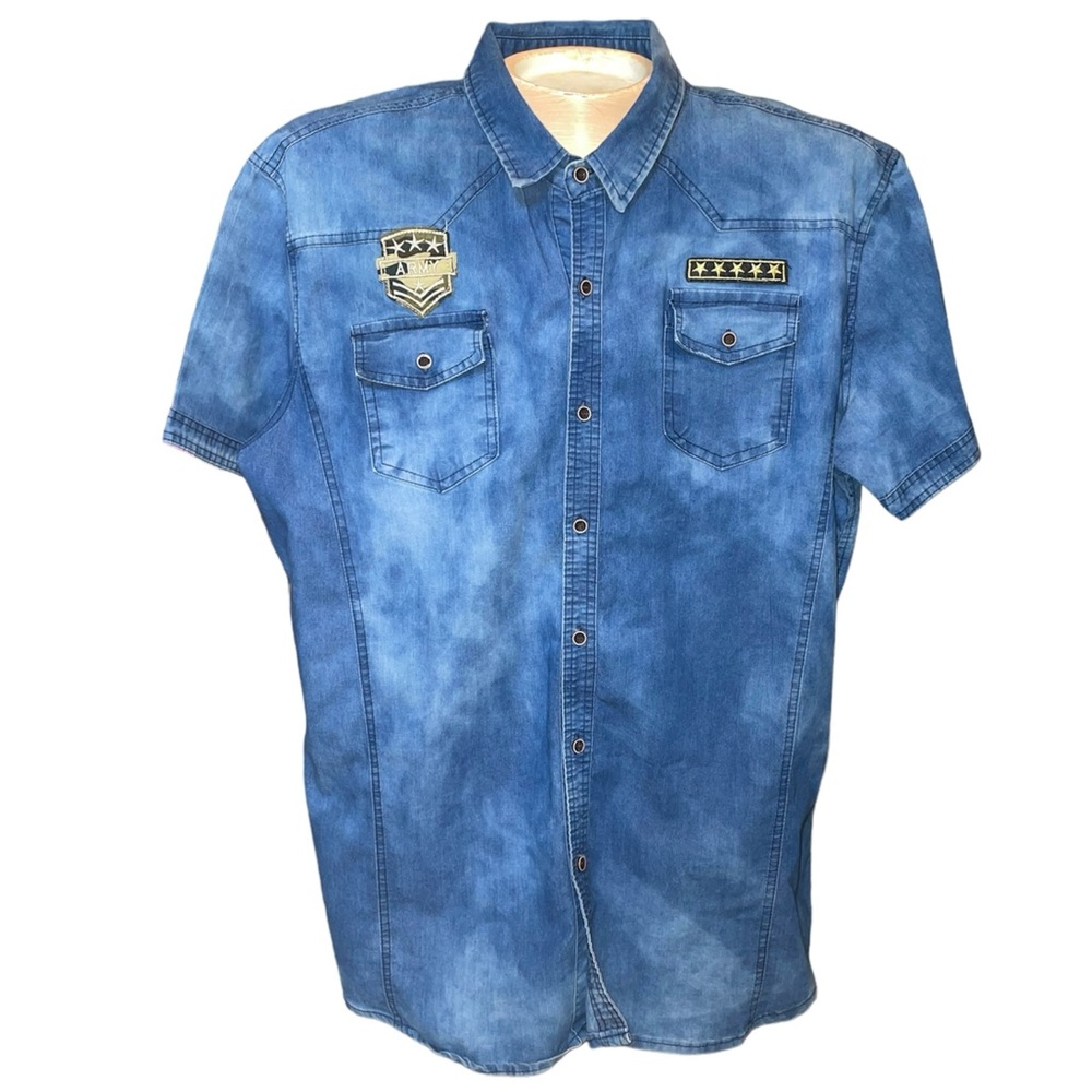Brooklyn Laundry Shirt Mens 2XL Blue Chambray Military Army Acid Grunge‎ Flex